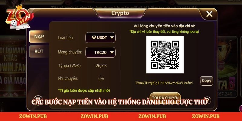 Các bước nạp tiền vào hệ thống dành cho cược thủ